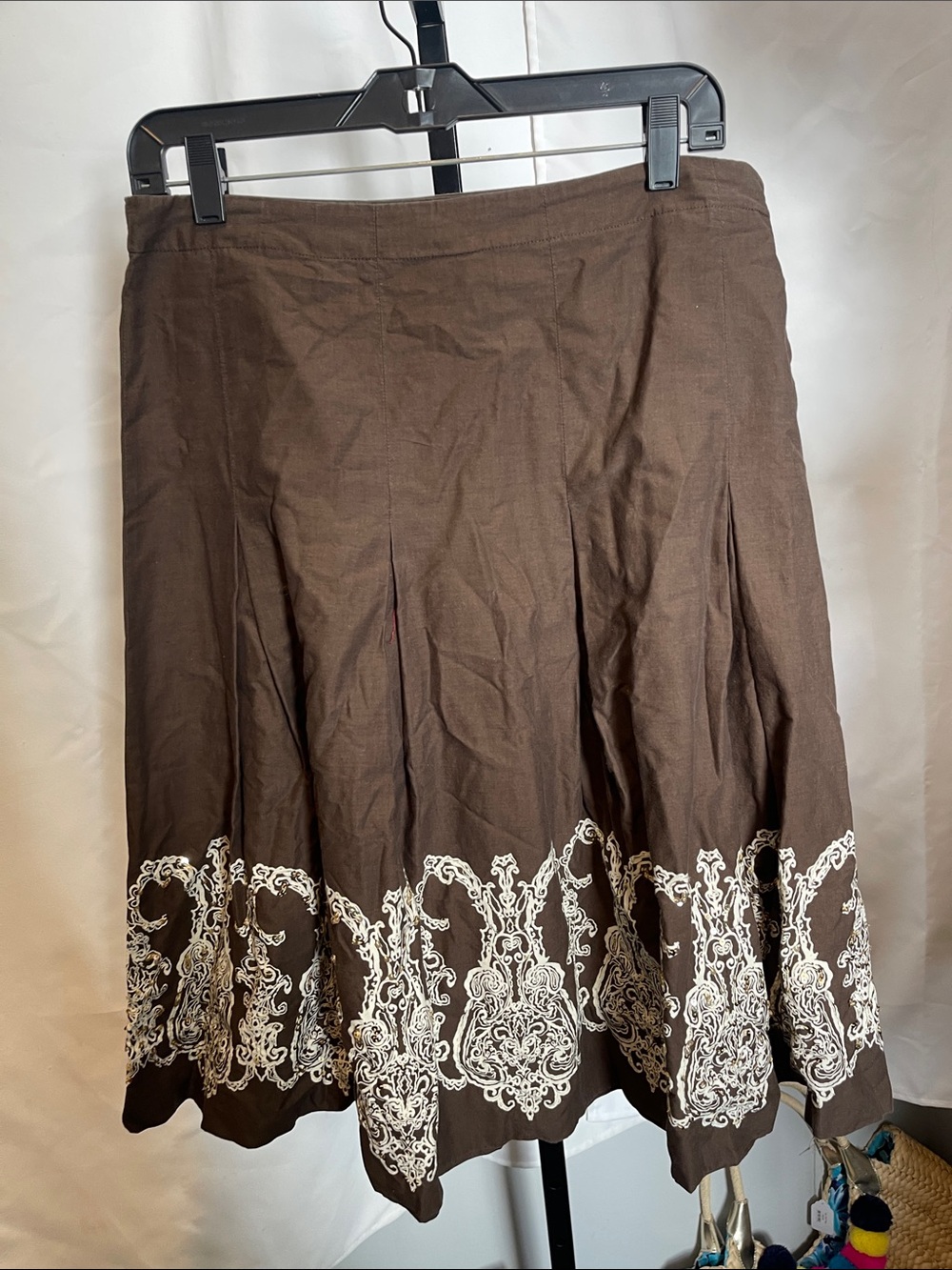 Brown A-Line Skirt with White Embroidered Hem